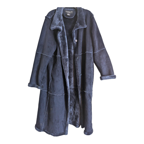 QVC Centigrade Womens Size Large Dark Blue Long Faux Suede Shearling Coat - Picture 1 of 10